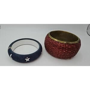 VTG Set of Two Blue Fabric with Stars and Moon and Red Woven on Copper